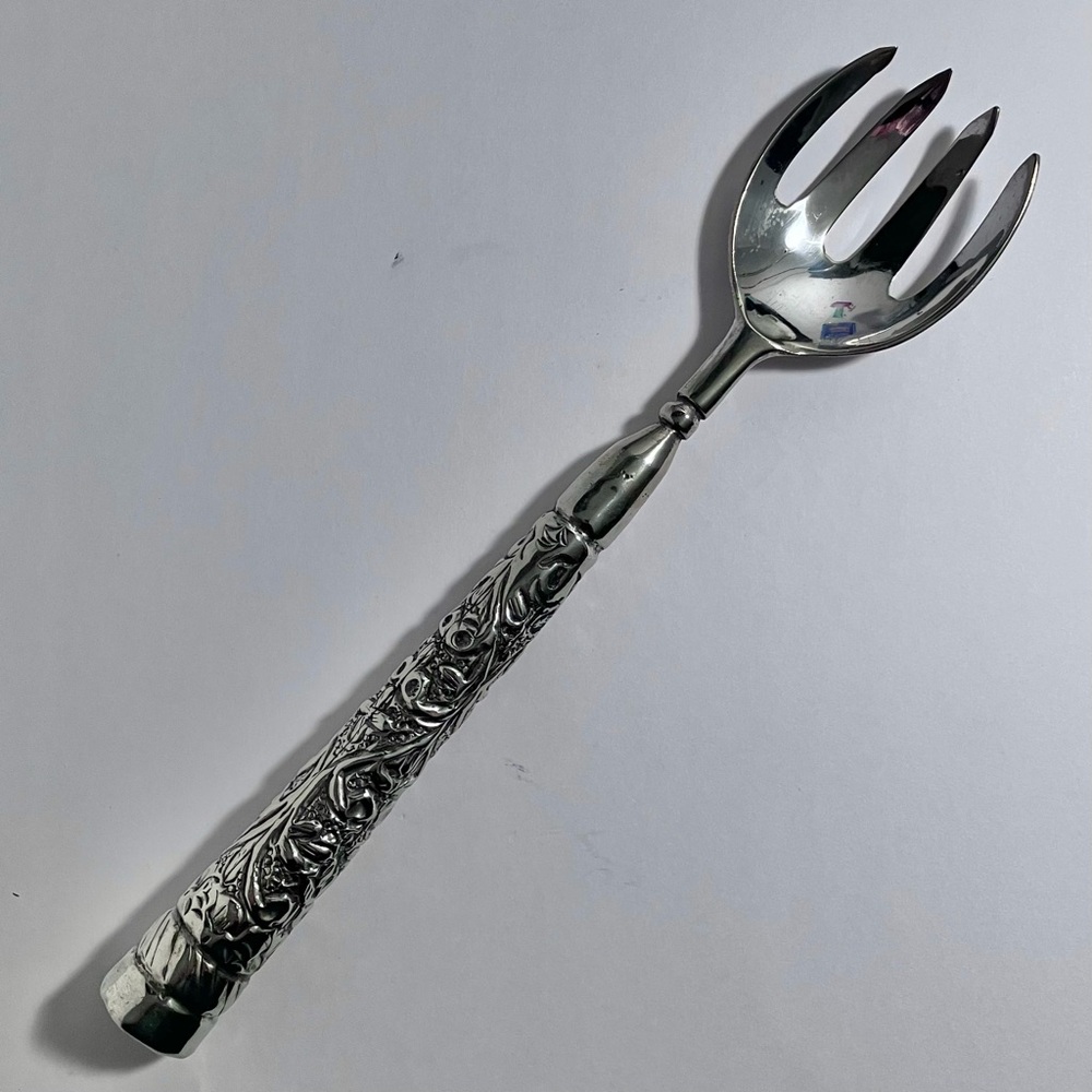 TIBETAN Silver-Plated REPOUSSE Serving Fork / GREEN GEMSTONE Endpiece / 10.5in.